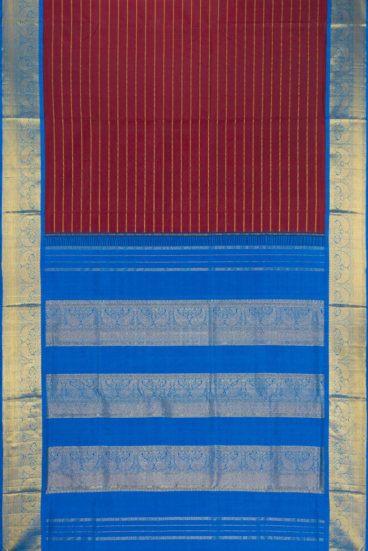 Flat view of Pure Silk Pure Zari Maroon Dual Tone Kanchipuram Nine Yards Saree with Stripes on the body and Zari Border. 