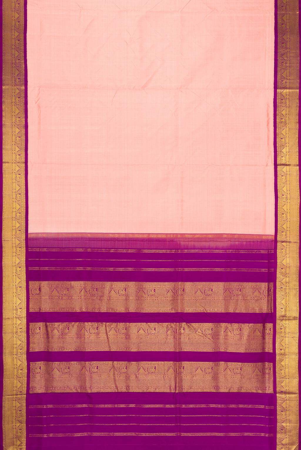Flat view of Pure Silk Pure Zari Golden Peach Kanchipuram Nine Yards Saree with Plain Body and Zari Border. 