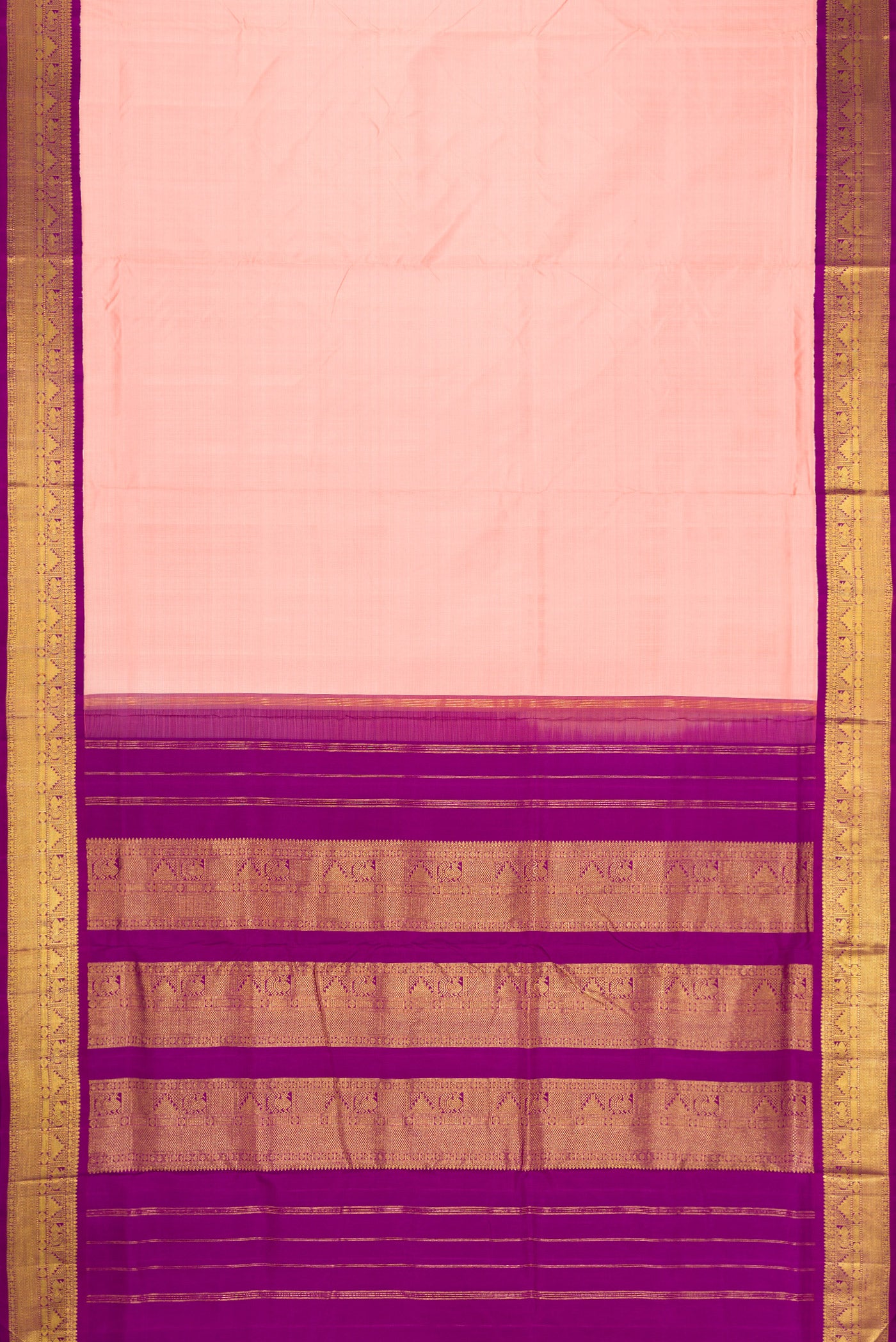 Flat view of Pure Silk Pure Zari Golden Peach Kanchipuram Nine Yards Saree with Plain Body and Zari Border. 