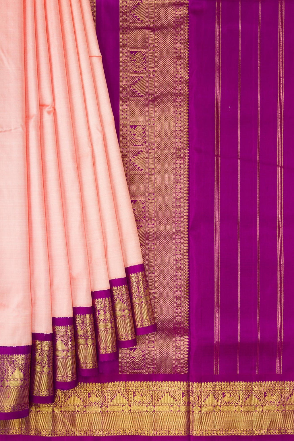Pleats and pallu of Pure Silk Pure Zari Golden Peach Kanchipuram Nine Yards Saree with Plain Body and Zari Border. 