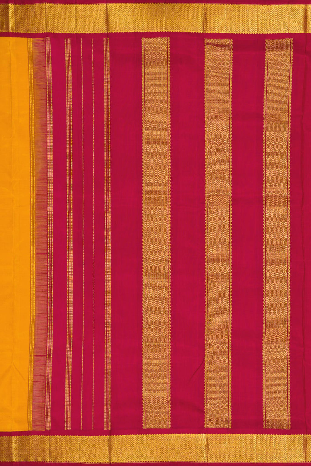 Close up image of the pallu of Pure Silk Pure Zari Mustard Dual Tone Kanchipuram Nine Yards Saree with Stripes on the body and Zari Border. 