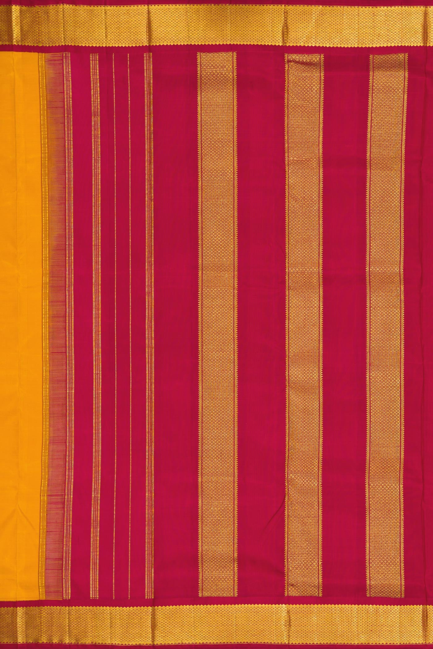 Close up image of the pallu of Pure Silk Pure Zari Mustard Dual Tone Kanchipuram Nine Yards Saree with Stripes on the body and Zari Border. 
