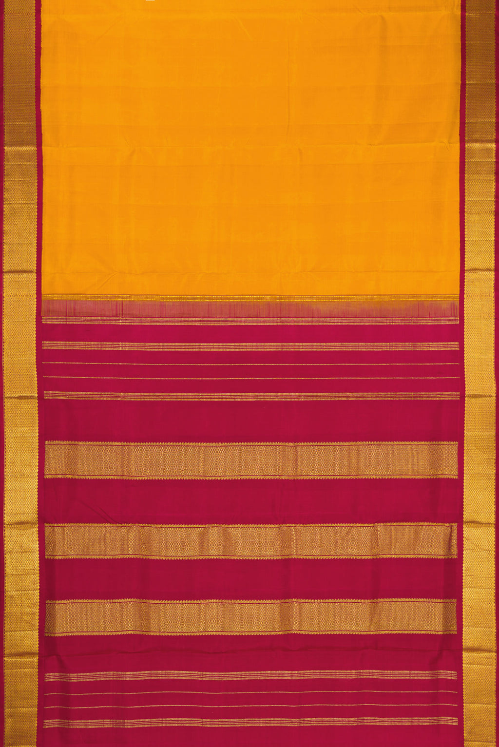 Flat view of Pure Silk Pure Zari Mustard Dual Tone Kanchipuram Nine Yards Saree with Stripes on the body and Zari Border. 