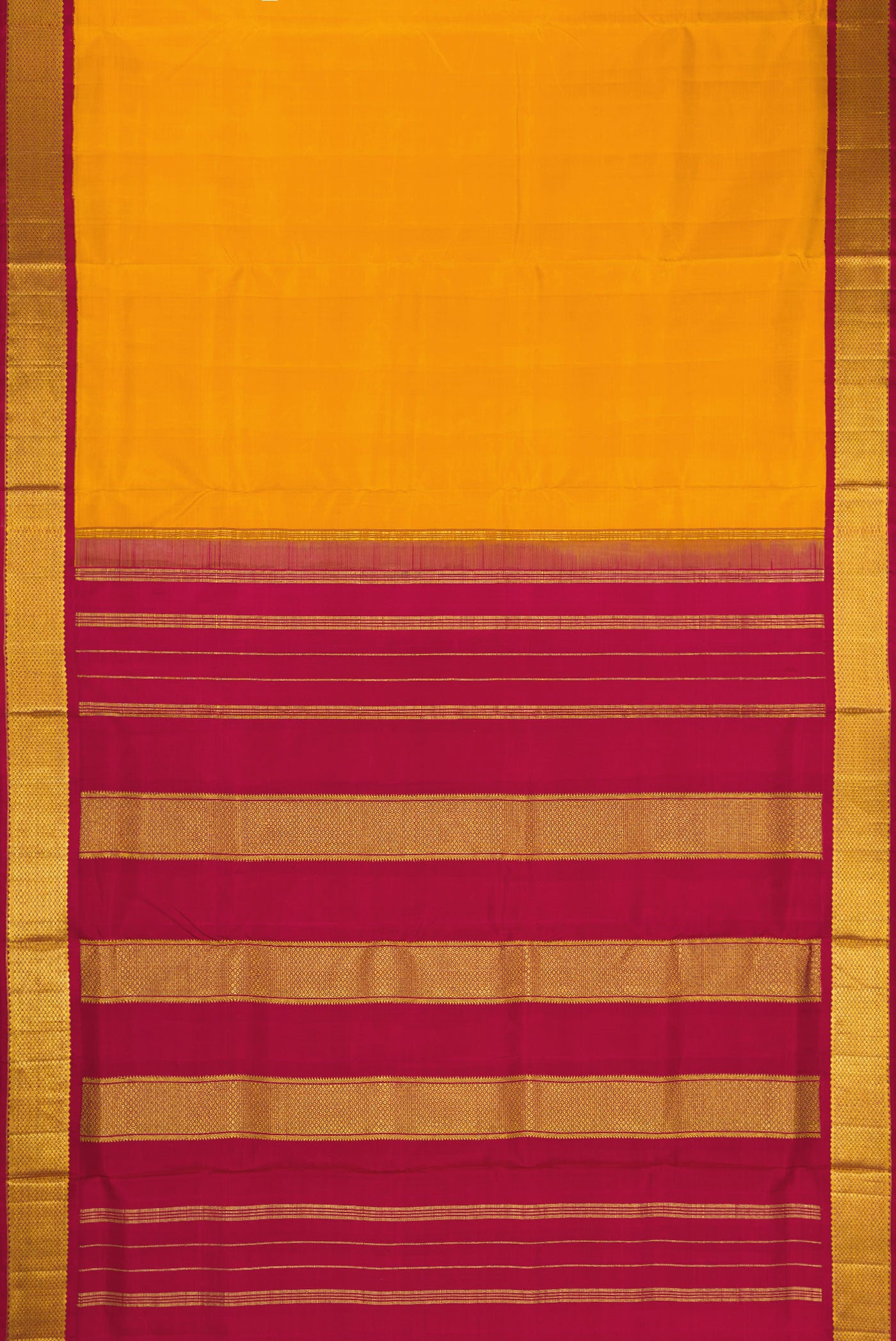 Flat view of Pure Silk Pure Zari Mustard Dual Tone Kanchipuram Nine Yards Saree with Stripes on the body and Zari Border. 
