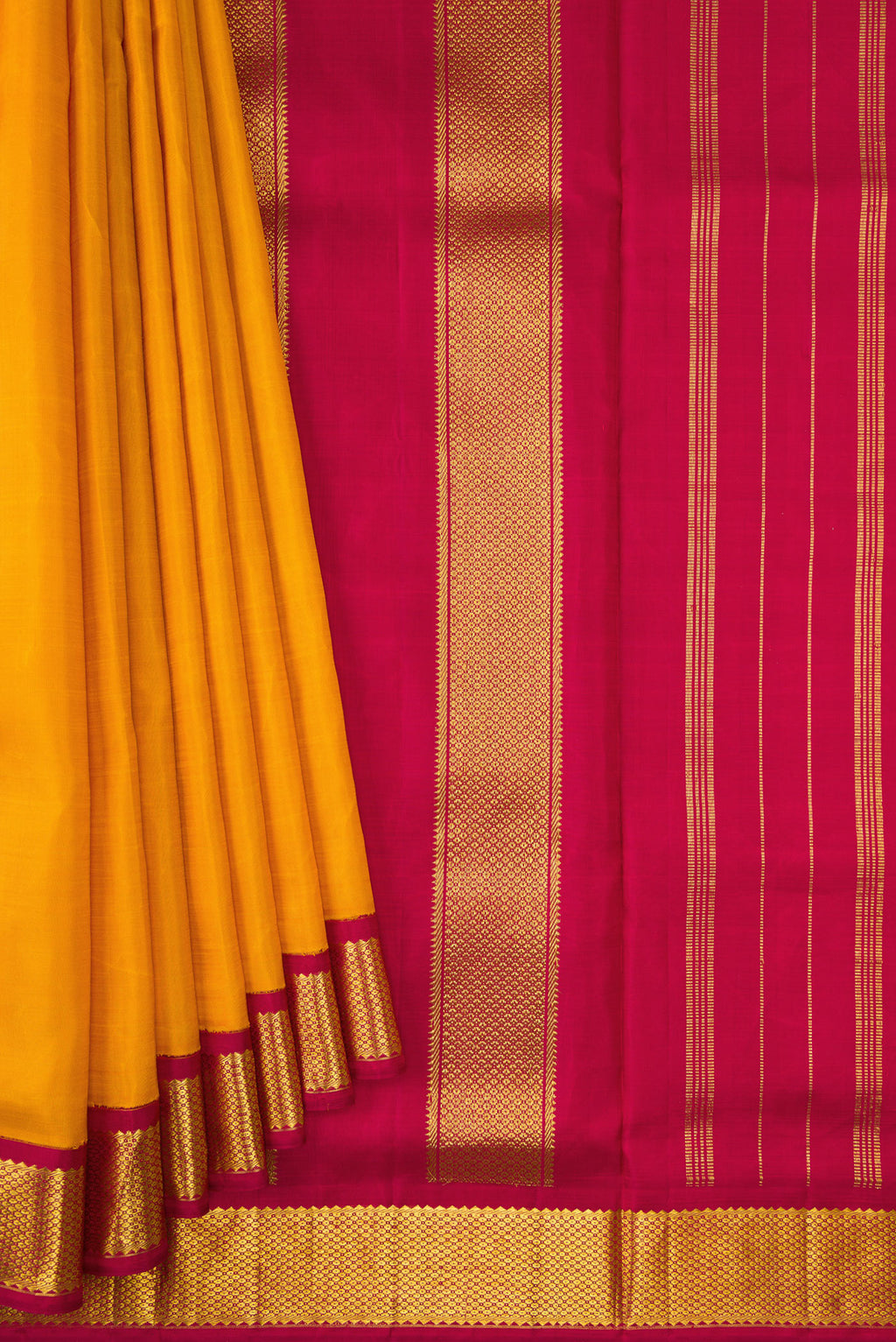 Pleats and pallu of Pure Silk Pure Zari Mustard Dual Tone Kanchipuram Nine Yards Saree with Stripes on the body and Zari Border. 