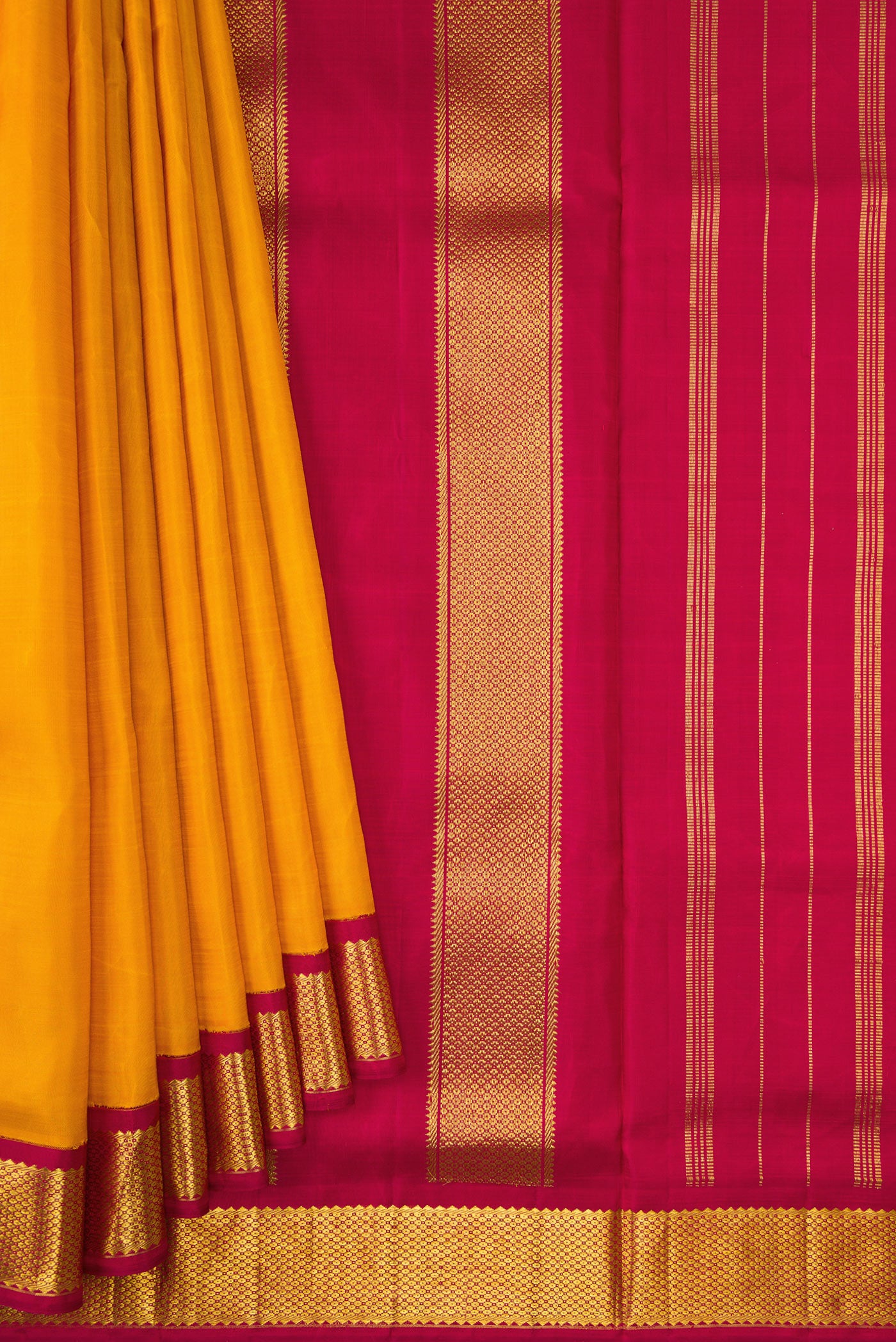 Pleats and pallu of Pure Silk Pure Zari Mustard Dual Tone Kanchipuram Nine Yards Saree with Stripes on the body and Zari Border. 