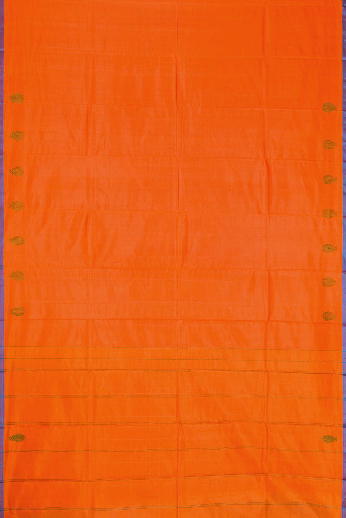 Flat view of Orange Dual Tone Kanchipuram Silk Saree with Plain Body and Thread Border. 