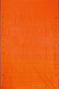 Orange Dual Tone Kanchipuram Silk Saree with Plain Body and Thread Border.  displayed on a mannequin