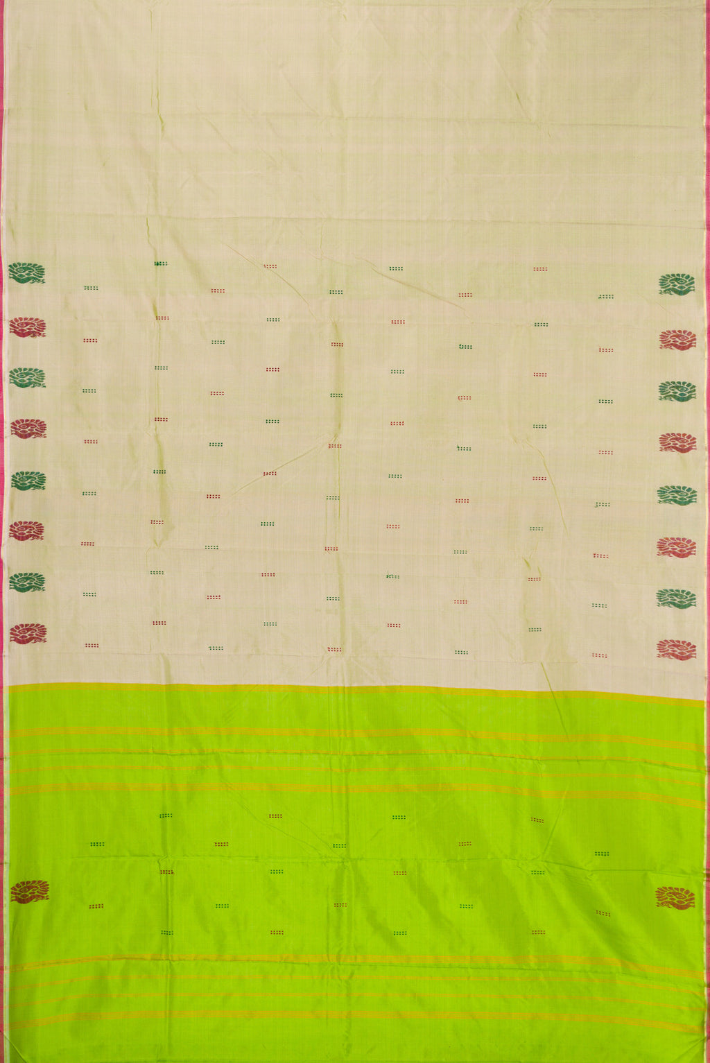 Flat view of Light Green Kanchipuram Silk Saree with Thread Butta on the body and Thread Border. 