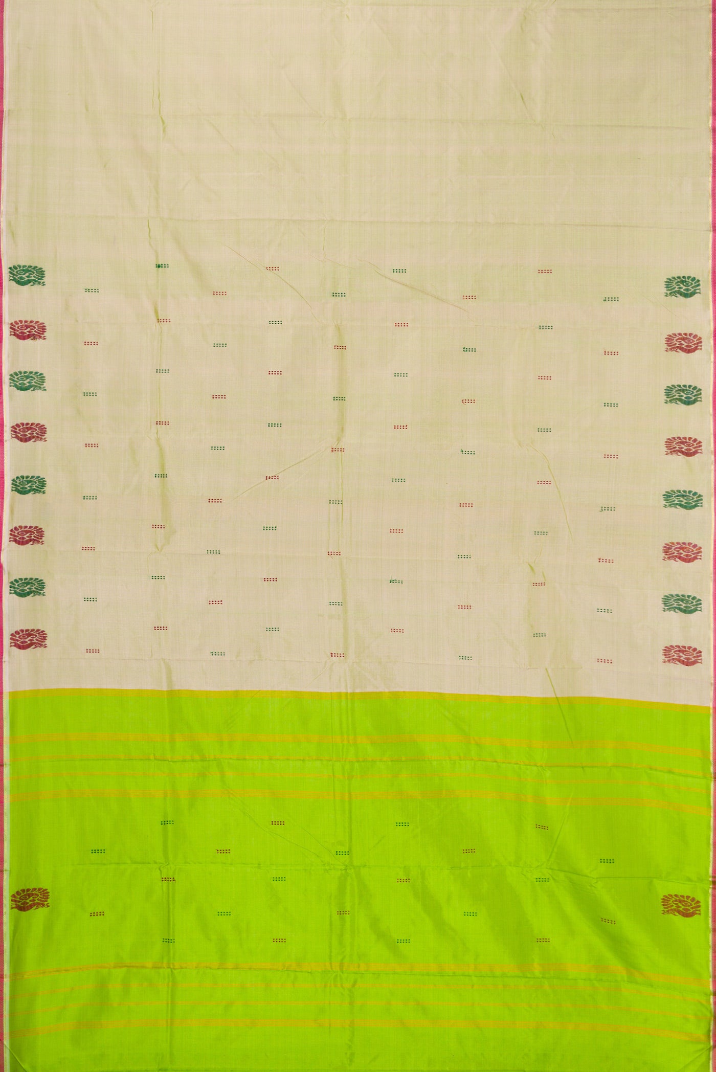 Light Green Kanchipuram Silk Saree with Thread Butta on the body and Thread Border.  displayed on a mannequin