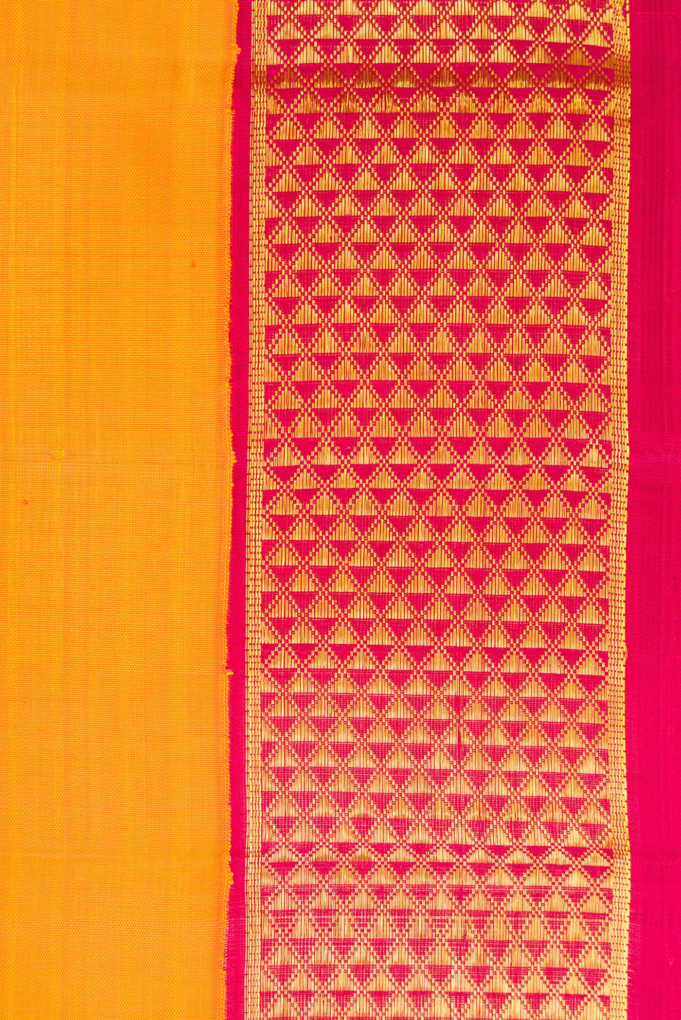 Border image of Orange Dual Tone Kanjivaram Silk Nine Yards Saree with Plain Body and Zari Border. 
