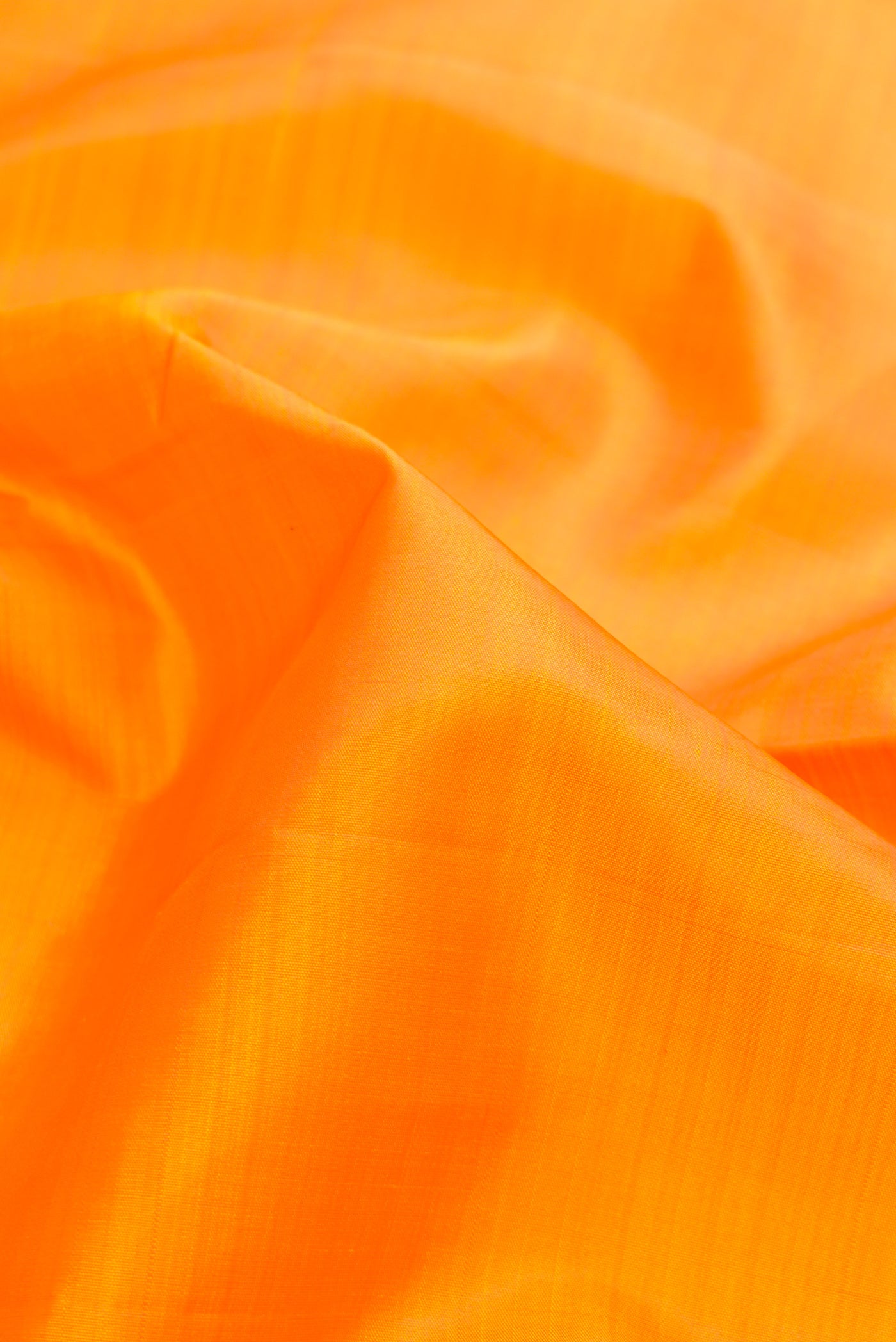 Close up of Orange Dual Tone Kanjivaram Silk Nine Yards Saree with Plain Body and Zari Border.  displaying folds