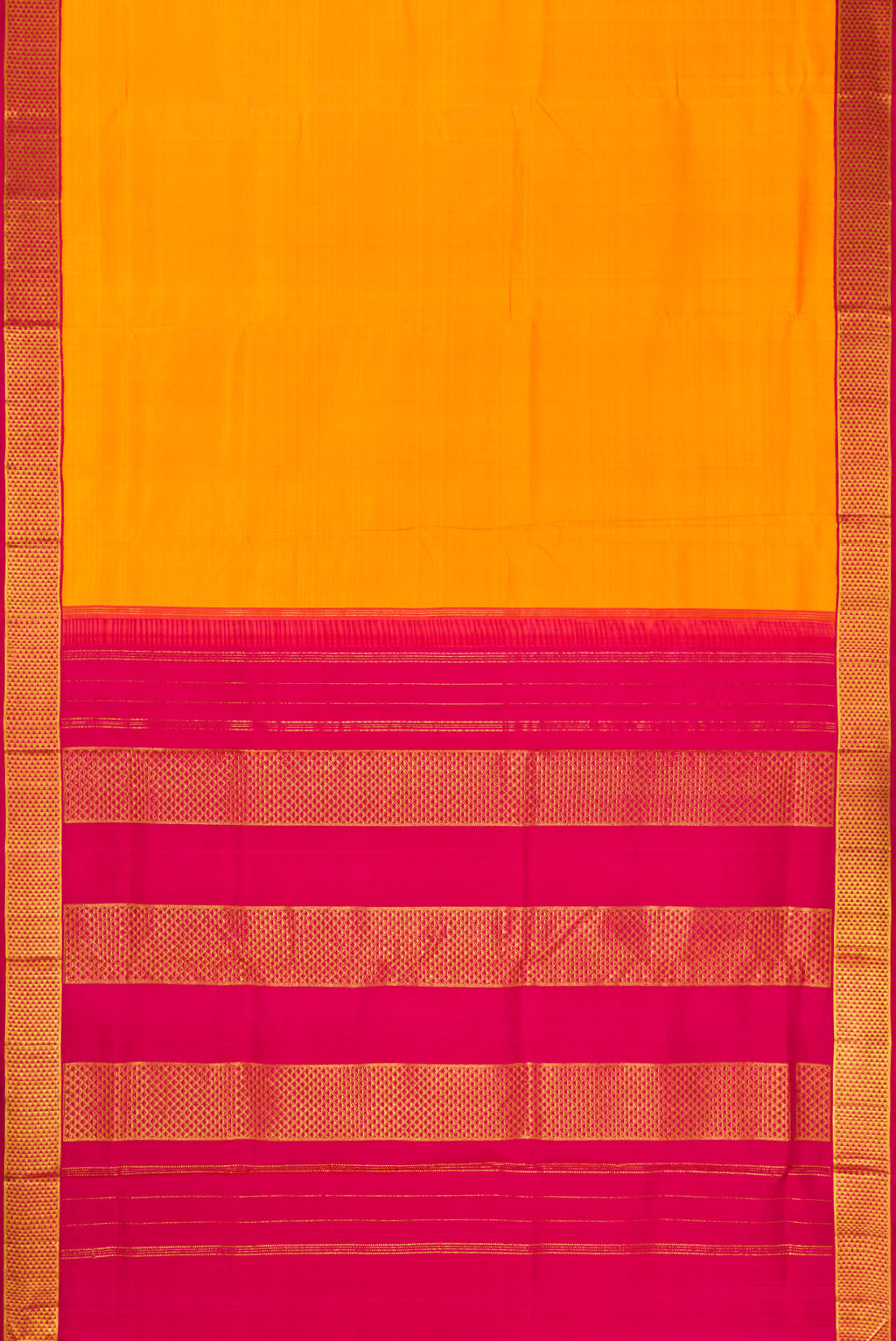 Flat view of Orange Dual Tone Kanjivaram Silk Nine Yards Saree with Plain Body and Zari Border. 