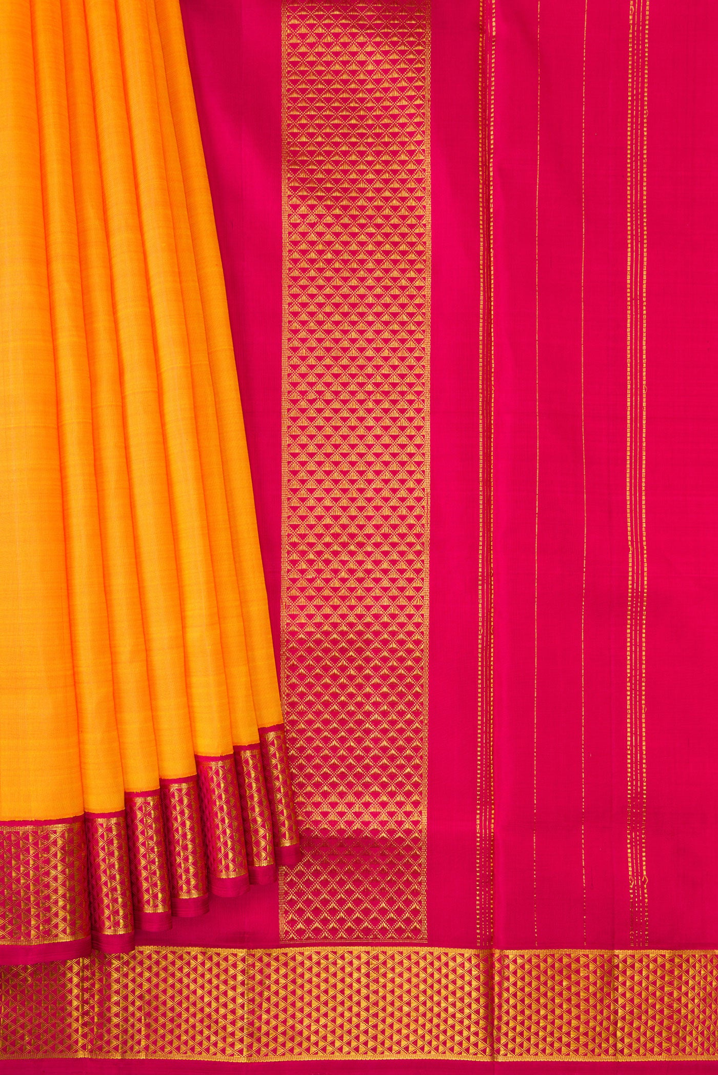 Pleats and pallu of Orange Dual Tone Kanjivaram Silk Nine Yards Saree with Plain Body and Zari Border. 