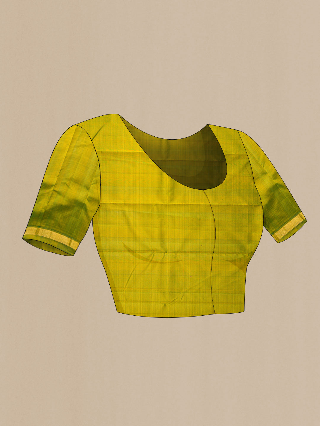 Close up image of the blouse of Coral Dual Tone Kanjivaram Silk Saree with Plain Body and Zari Border. 