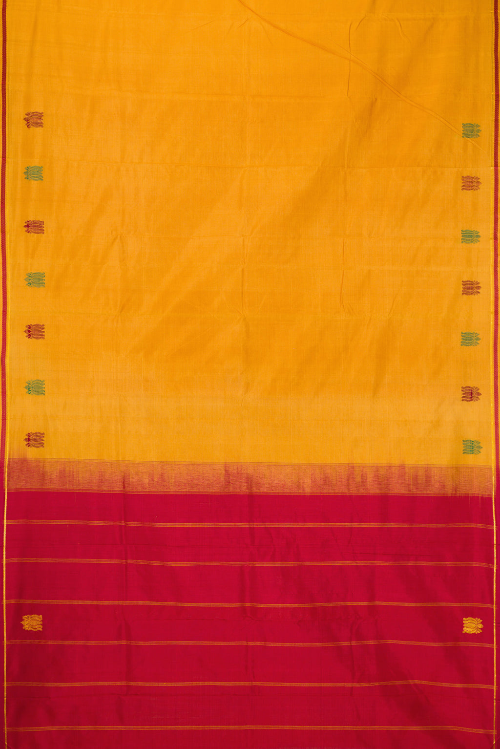 Flat view of Yellow Dual Tone Kanchipuram Silk Nine Yards Saree with Thread Butta on the body and Zari And Thread Border. 