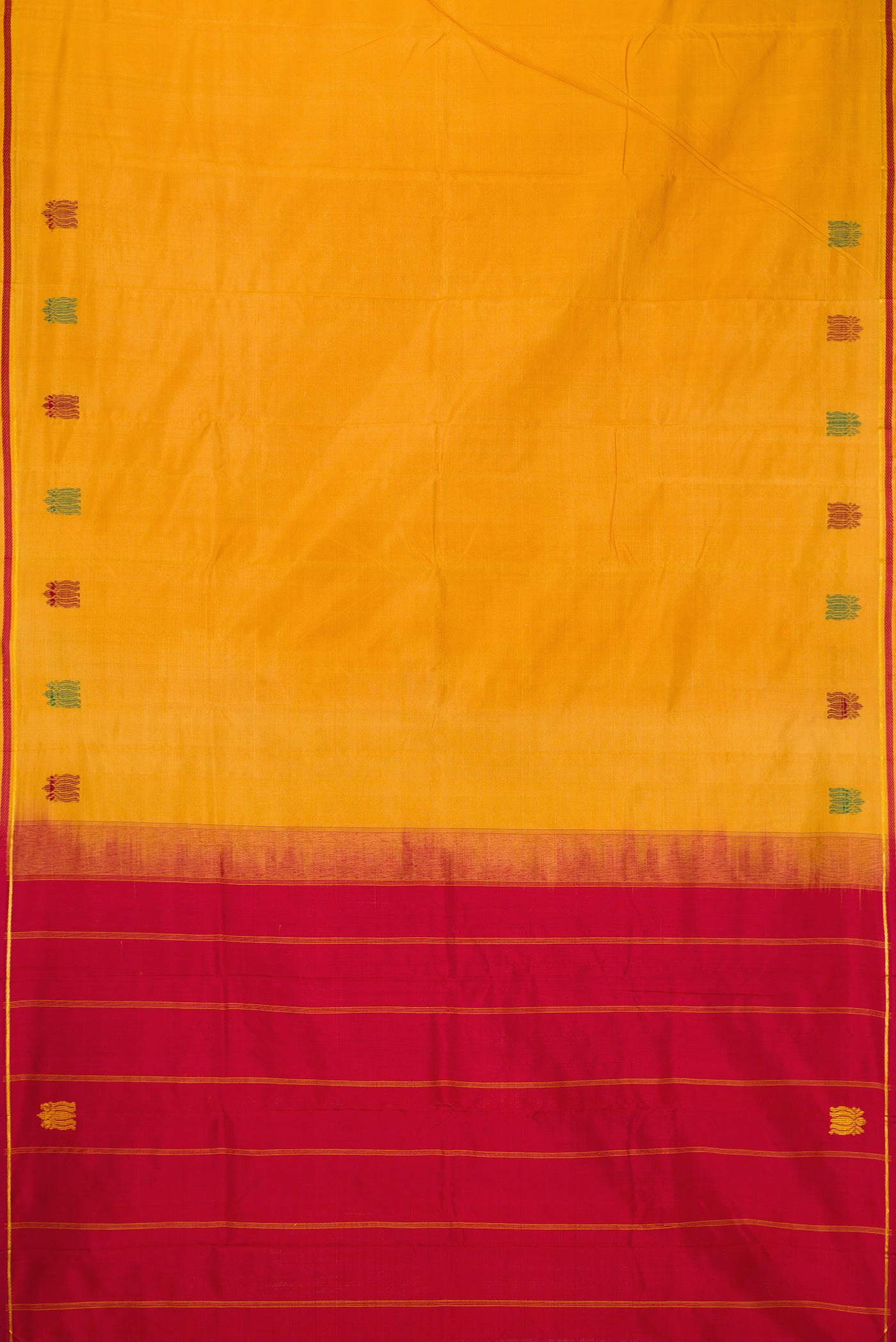 Flat view of Yellow Dual Tone Kanchipuram Silk Nine Yards Saree with Thread Butta on the body and Zari And Thread Border. 