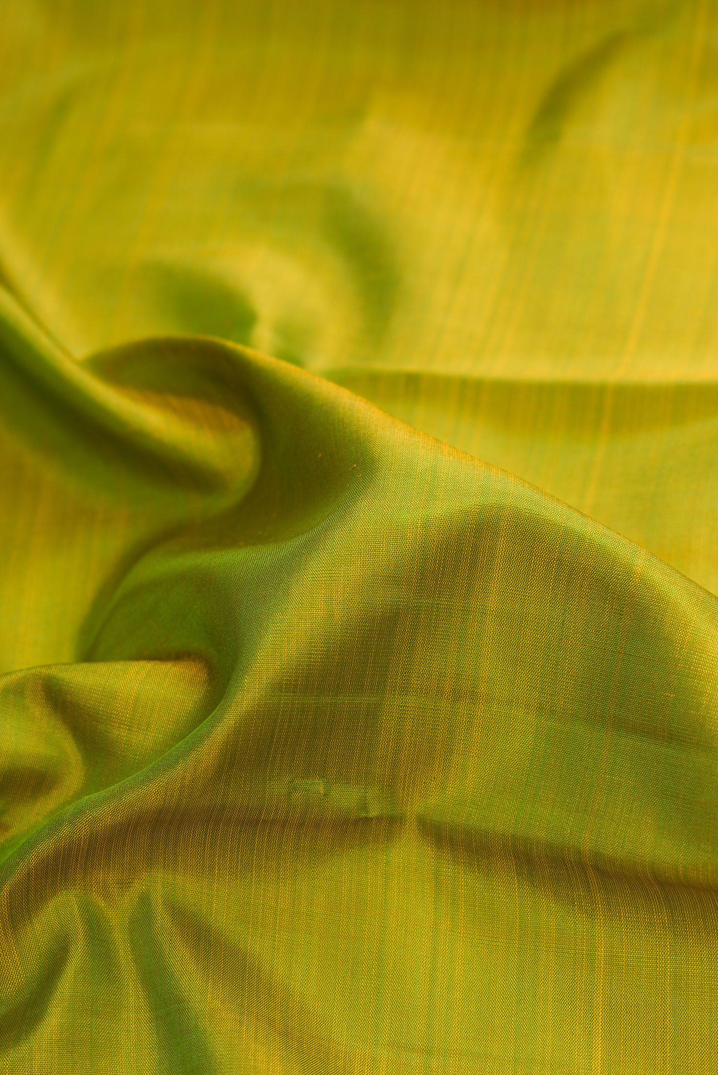 Close up of Parrot Green Dual Tone Kanchipuram Silk Saree with Plain Body and Zari Border.  displaying folds