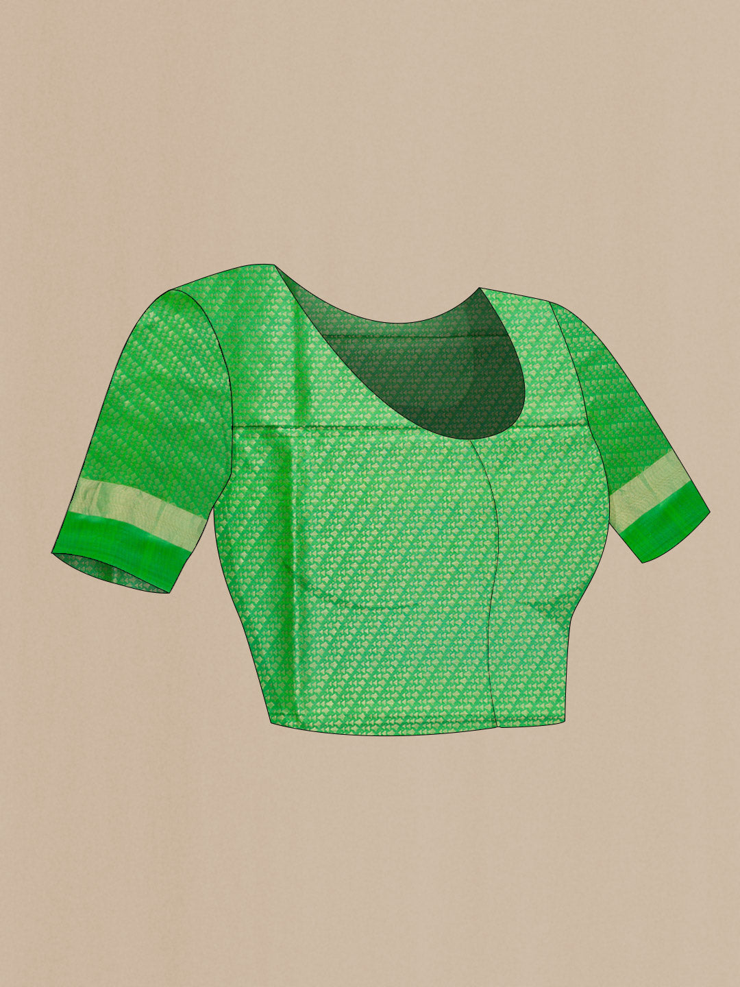 Close up image of the blouse of Mehandi Green Dual Tone Soft Silk Saree with Zari Butta on the body and Zari Border. 