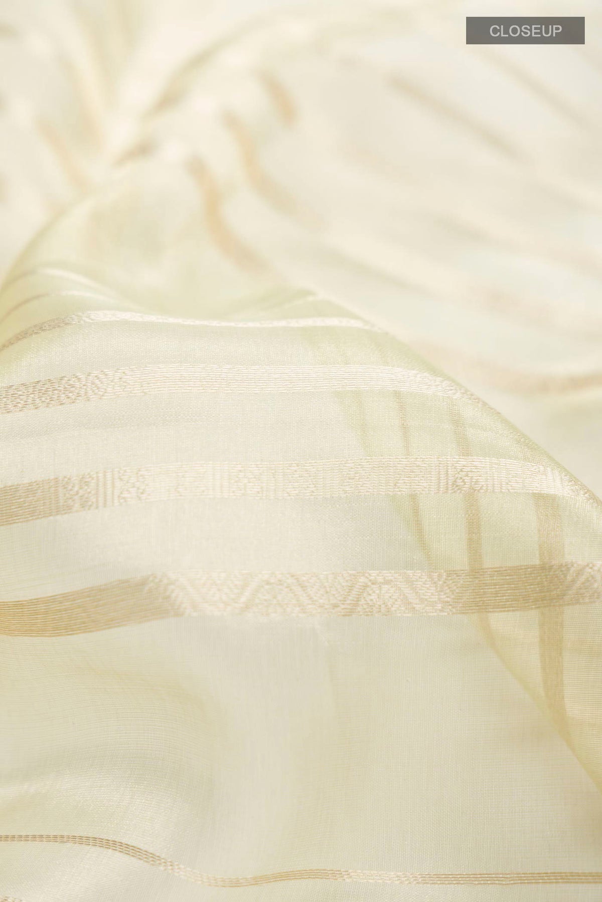 Close up of Beige Tissue Silk Saree with Stripes on the body and Zari Border displaying folds