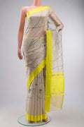 Off White Kora Silk Saree with Stripes on the body and Zari Border displayed on a mannequin
