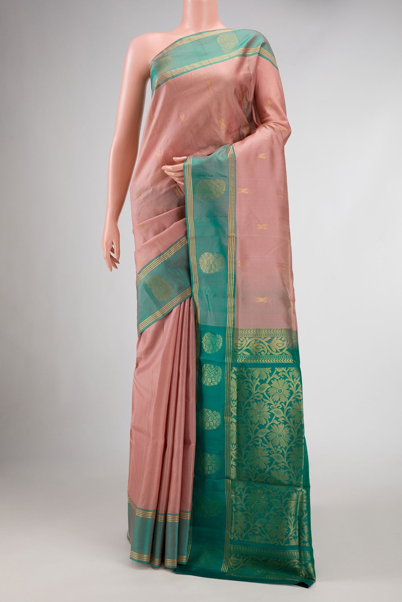 Pink Dual Tone Soft Silk Saree with Zari Butta on the body and Zari Border.  displayed on a mannequin
