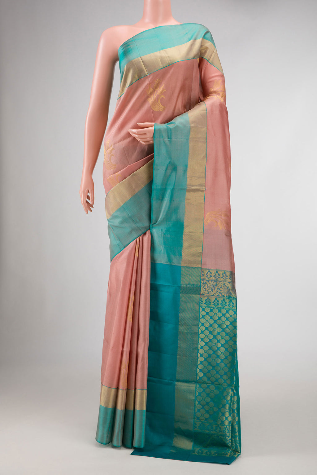 Pink Dual Tone Soft Silk Saree with Zari Butta on the body and Zari Border.  displayed on a mannequin