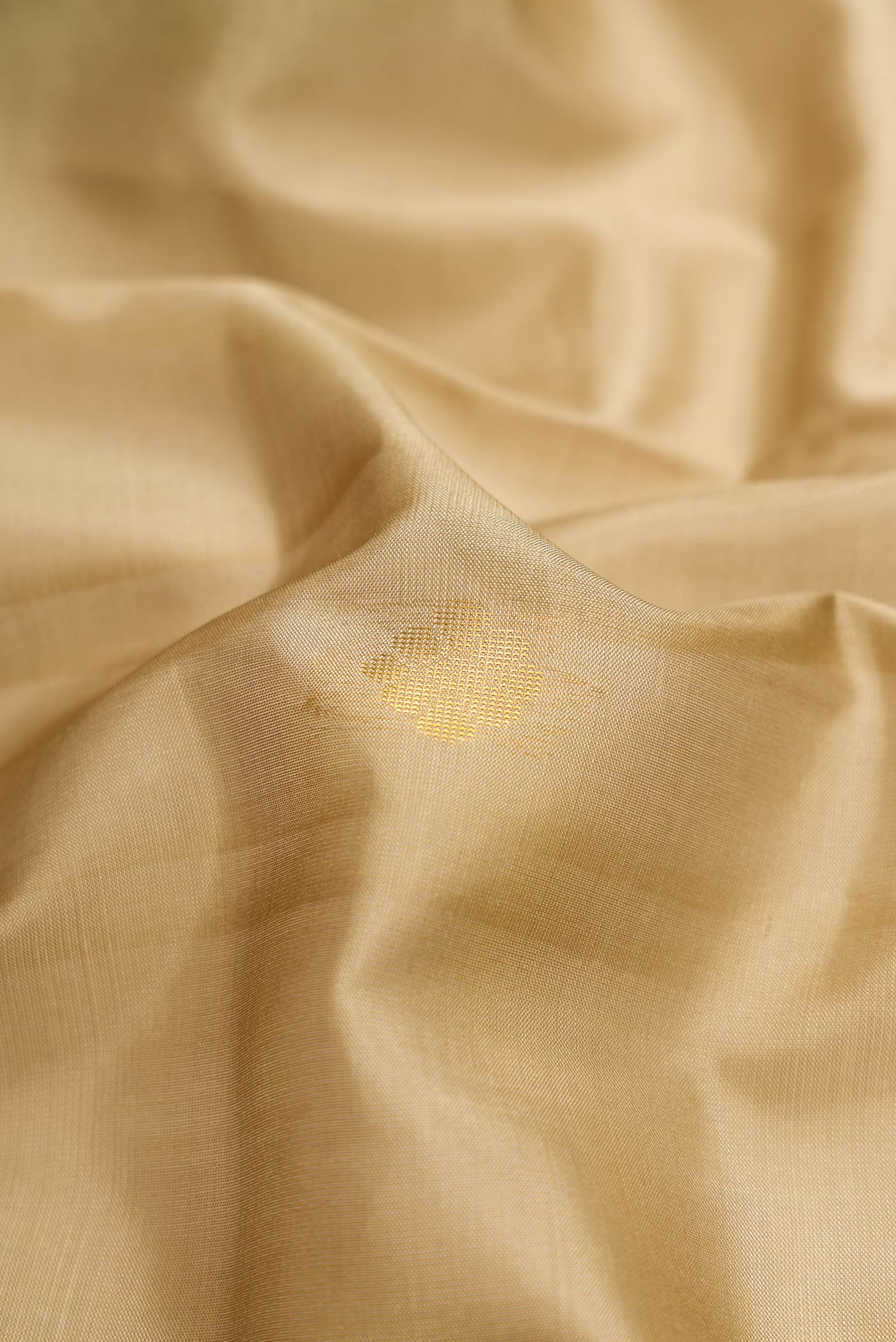 Close up of Beige Dual Tone Soft Silk Saree with Zari Butta on the body and Zari Border.  displaying folds