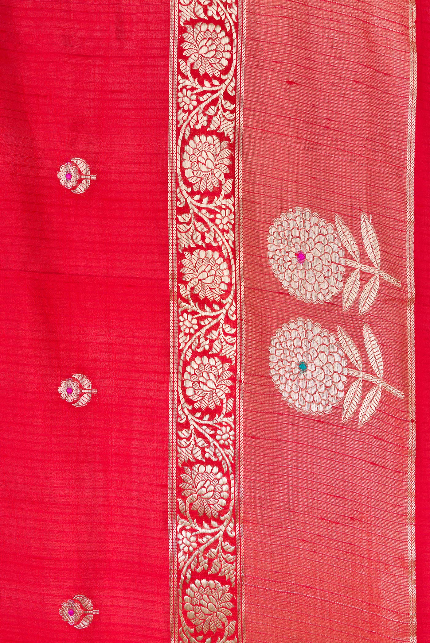 Border image of Red Dual Tone Tussar Silk Saree with Zari Butta on the body and Fancy Border. 