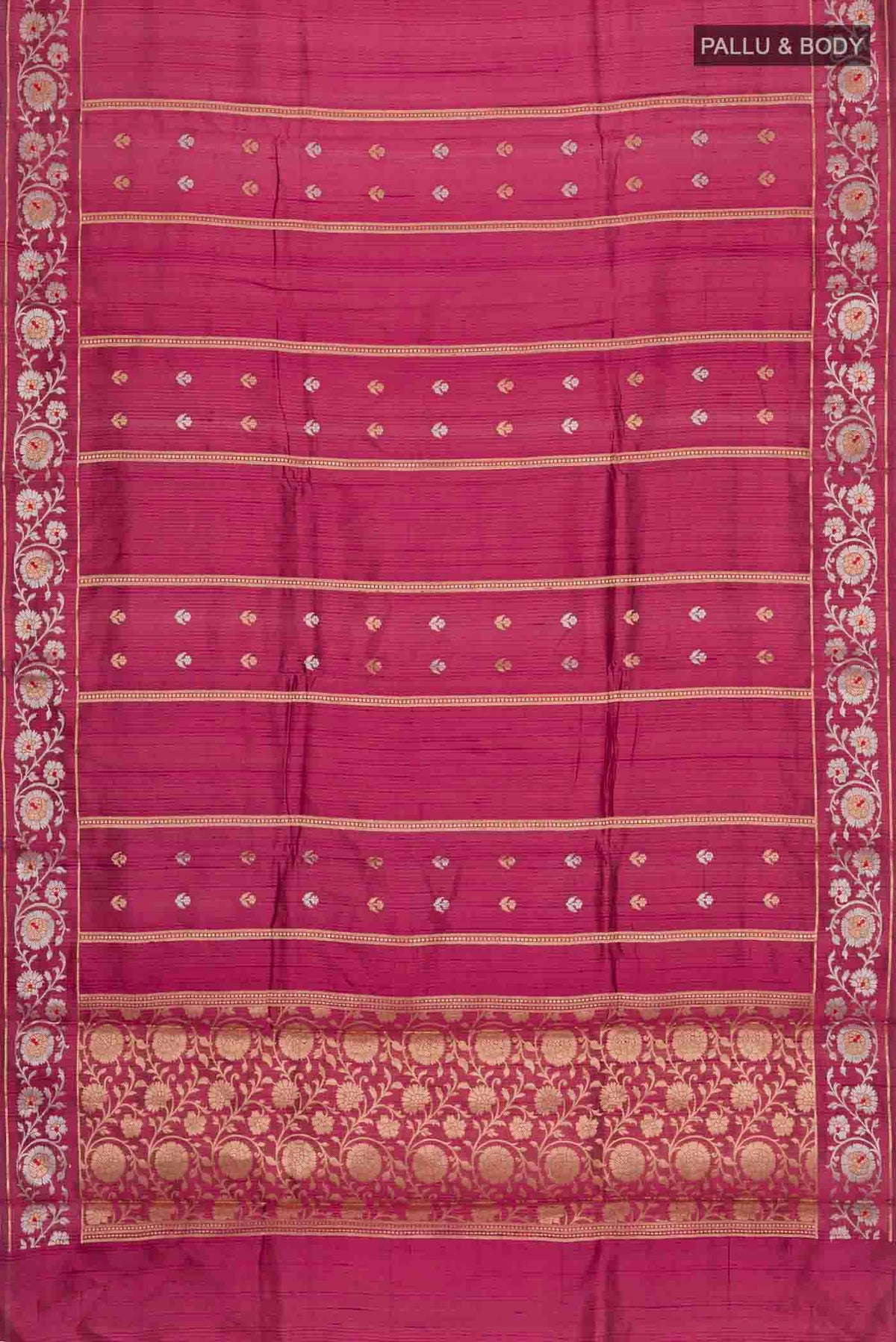Flat view of Magenta Banarasi Raw Silk Saree with Zari Butta on the body and Zari Border