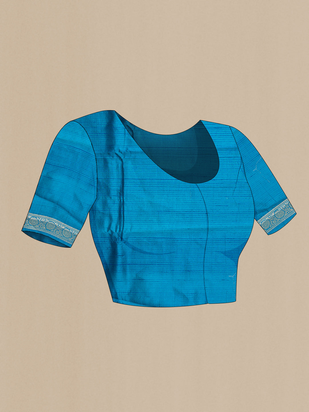 Close up image of the blouse of Peacock Blue Dual Tone Tussar Silk Saree with Zari Butta on the body and Zari Border. 