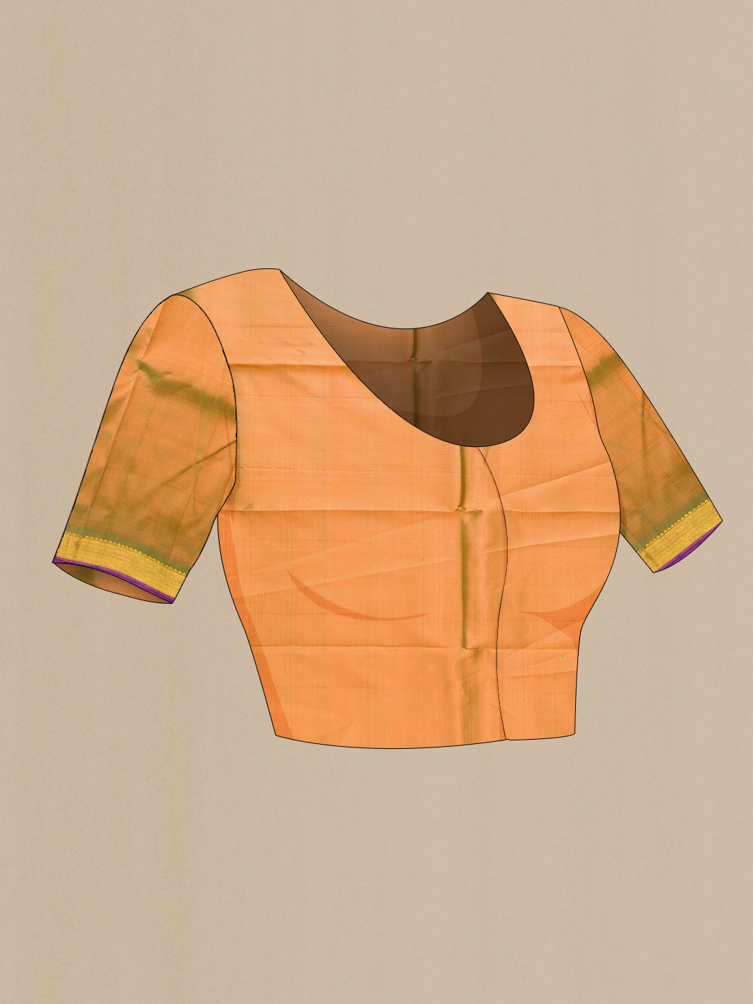 Close up image of the blouse of Peach Dual Tone Kanchipuram Silk Saree with Zari Butta on the body and Zari Border. 