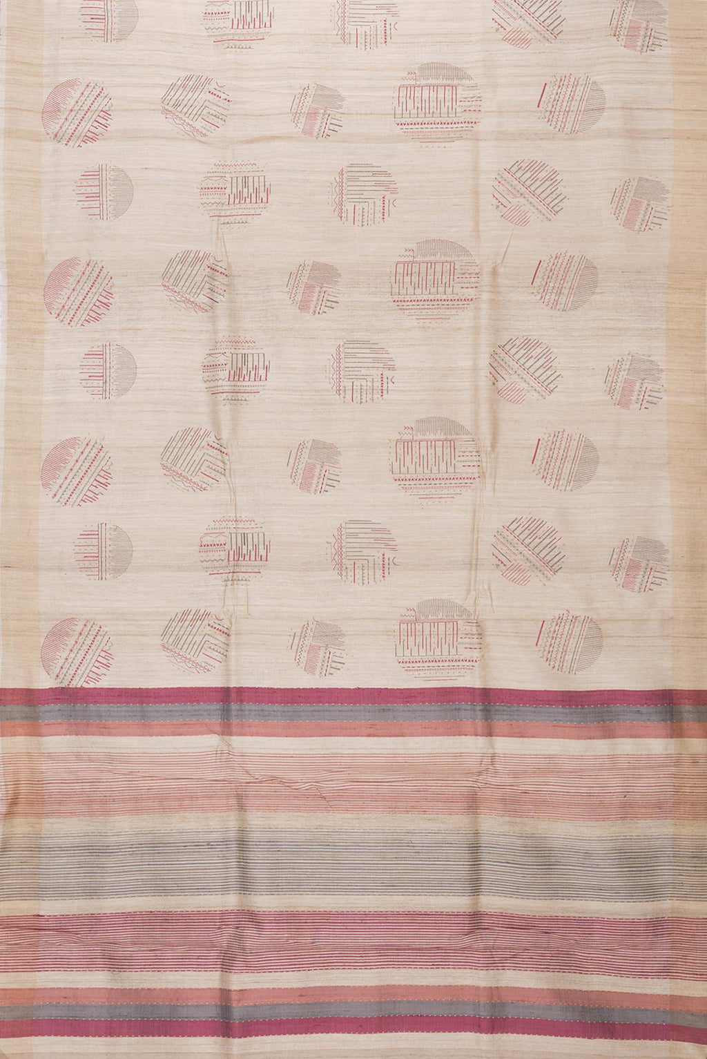 Flat view of Beige Dual Tone Tussar Silk Saree with Thread Butta on the body and Zari Border. 