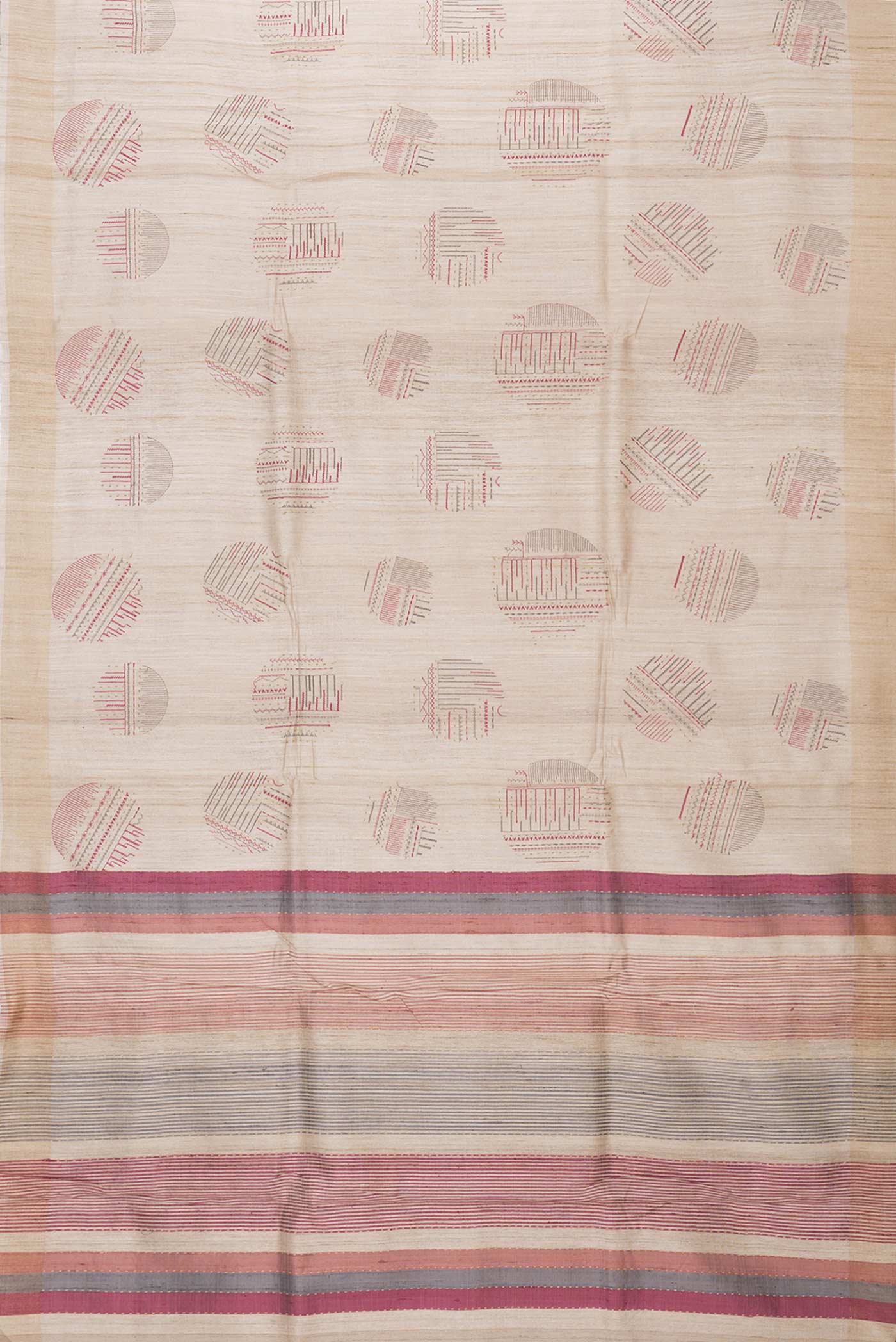 Flat view of Beige Dual Tone Tussar Silk Saree with Thread Butta on the body and Zari Border. 