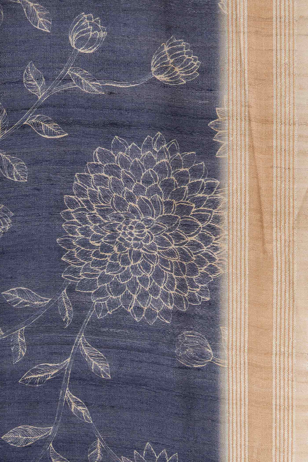 Border image of Navy Blue Dual Tone Tussar Silk Saree with Printed design on the body and Zari Border. 