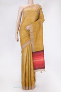Mustard Dual Tone Tussar Silk Saree with Printed design on the body and Embroidery Border.  displayed on a mannequin