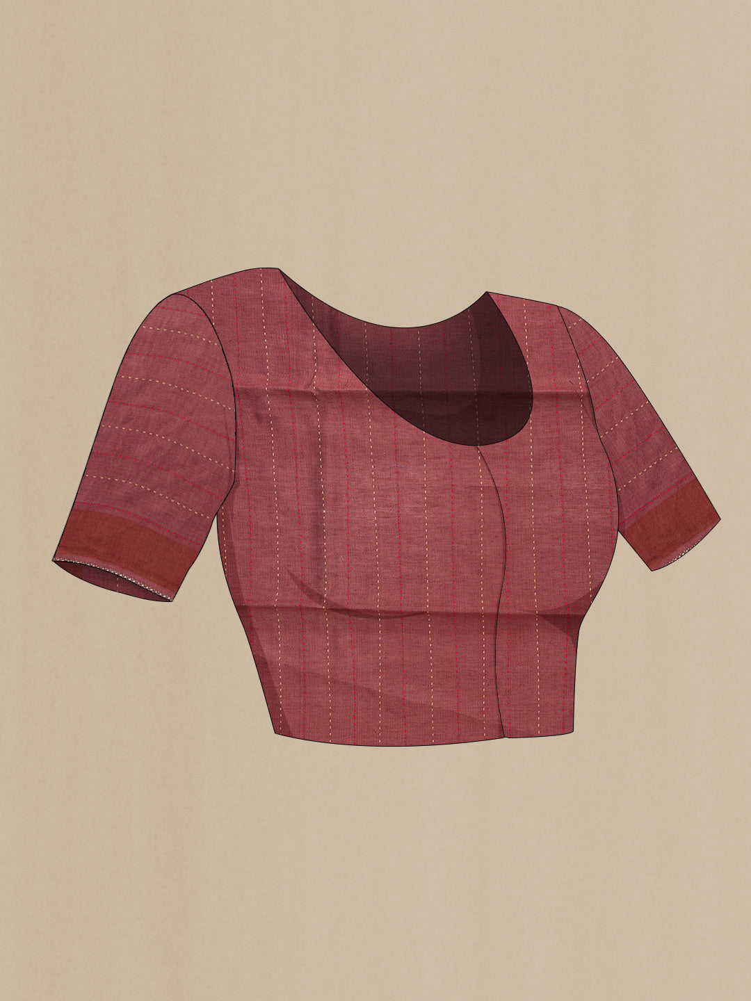 Close up image of the blouse of Brown Dual Tone Tussar Silk Saree with Printed design on the body and Embroidery Border. 