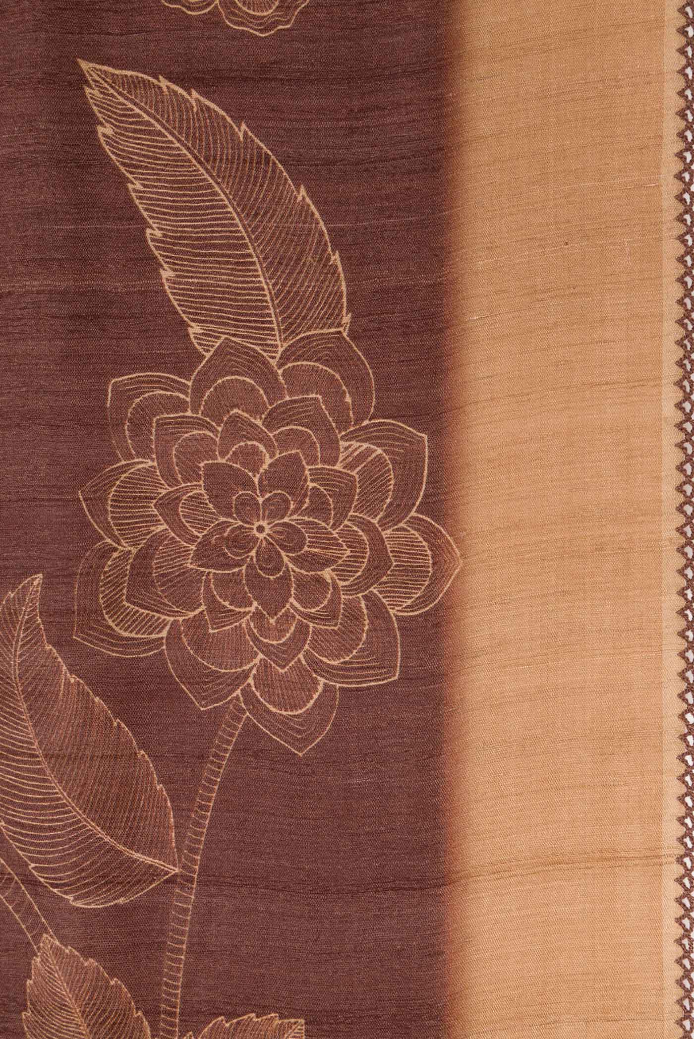 Border image of Brown Dual Tone Tussar Silk Saree with Printed design on the body and Embroidery Border. 