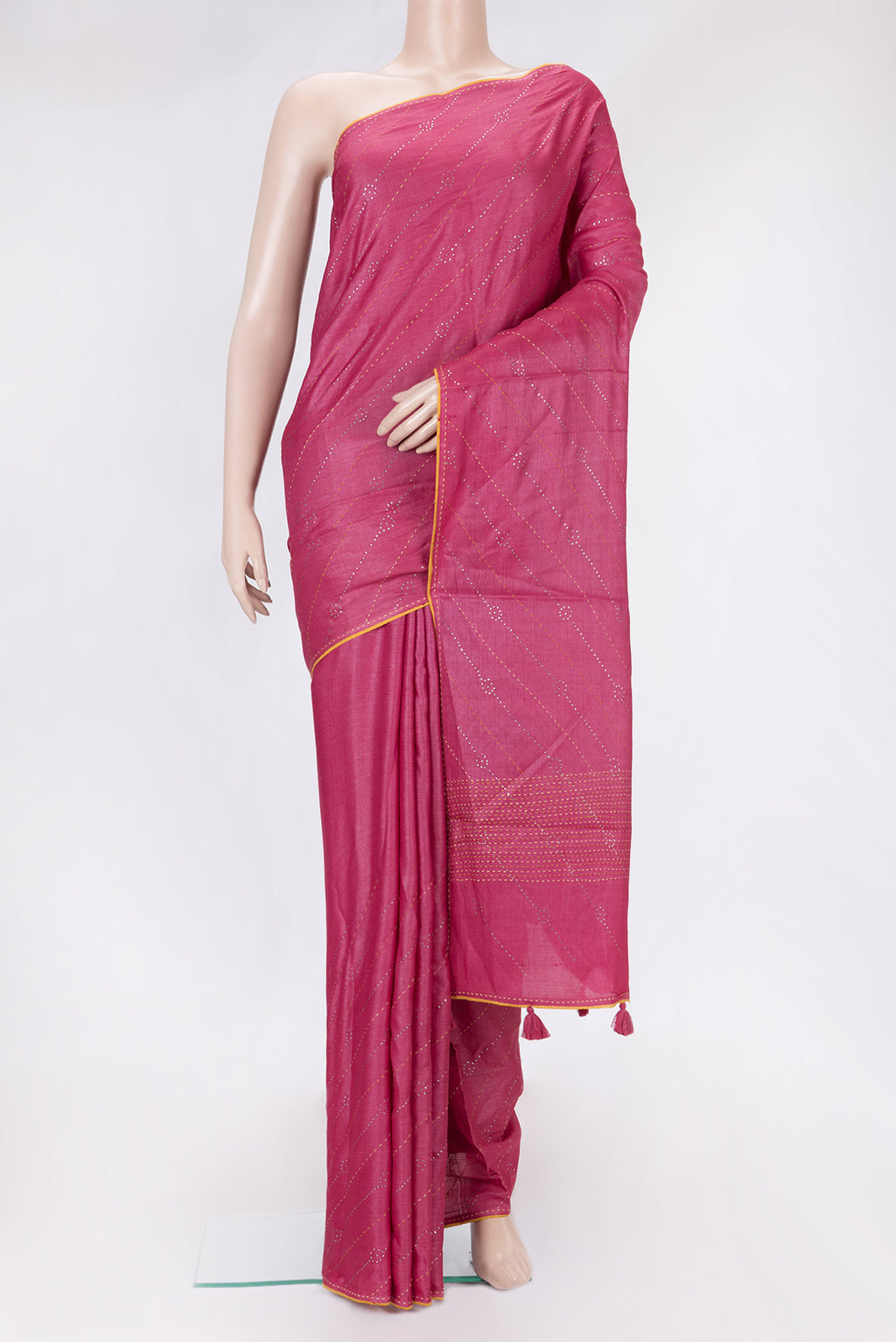 Pink Dual Tone Tussar Silk Saree with Embroidery on the body and Embroidery Border.  displayed on a mannequin