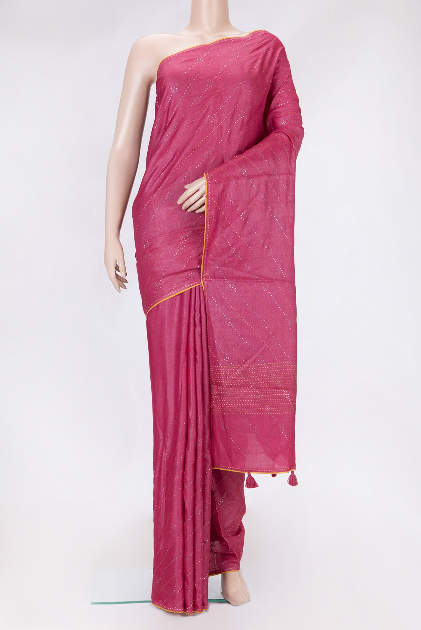 Pink Dual Tone Tussar Silk Saree with Embroidery on the body and Embroidery Border.  displayed on a mannequin