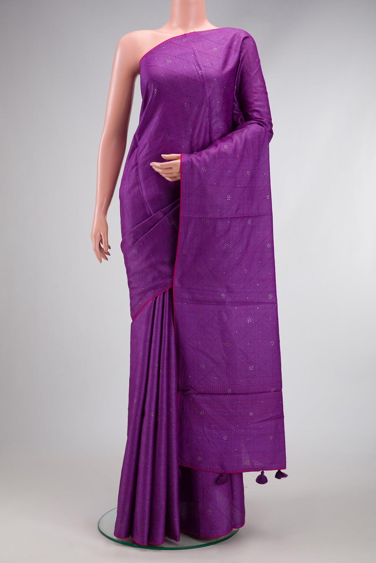 Purple Dual Tone Tussar Silk Saree with Embroidery on the body and Embroidery Border.  displayed on a mannequin