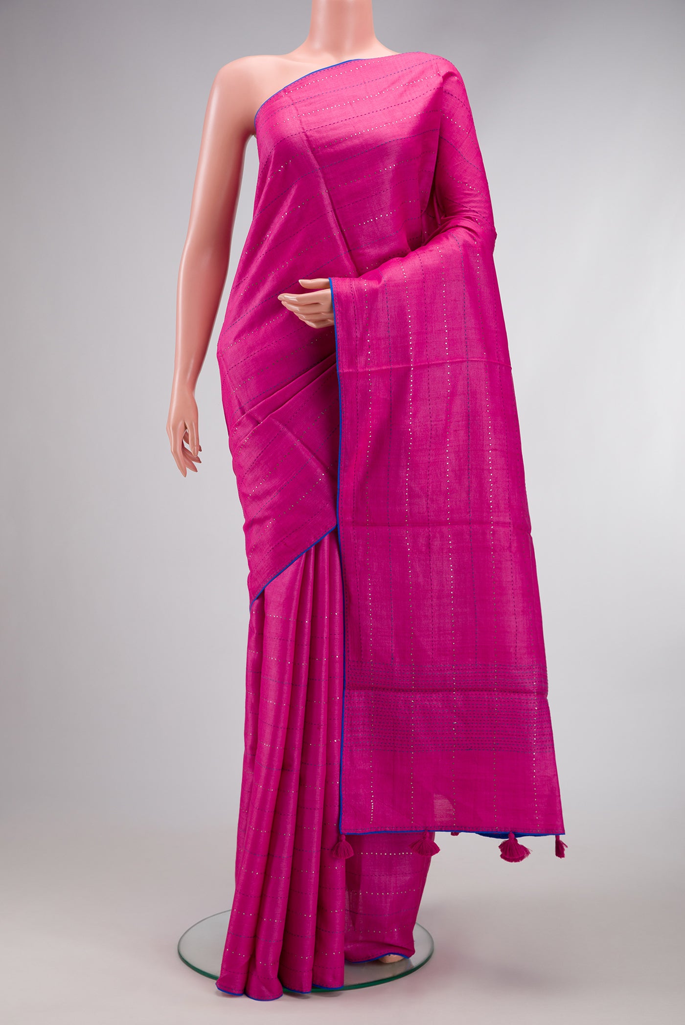 Pink Dual Tone Tussar Silk Saree with Embroidery on the body and Embroidery Border.  displayed on a mannequin