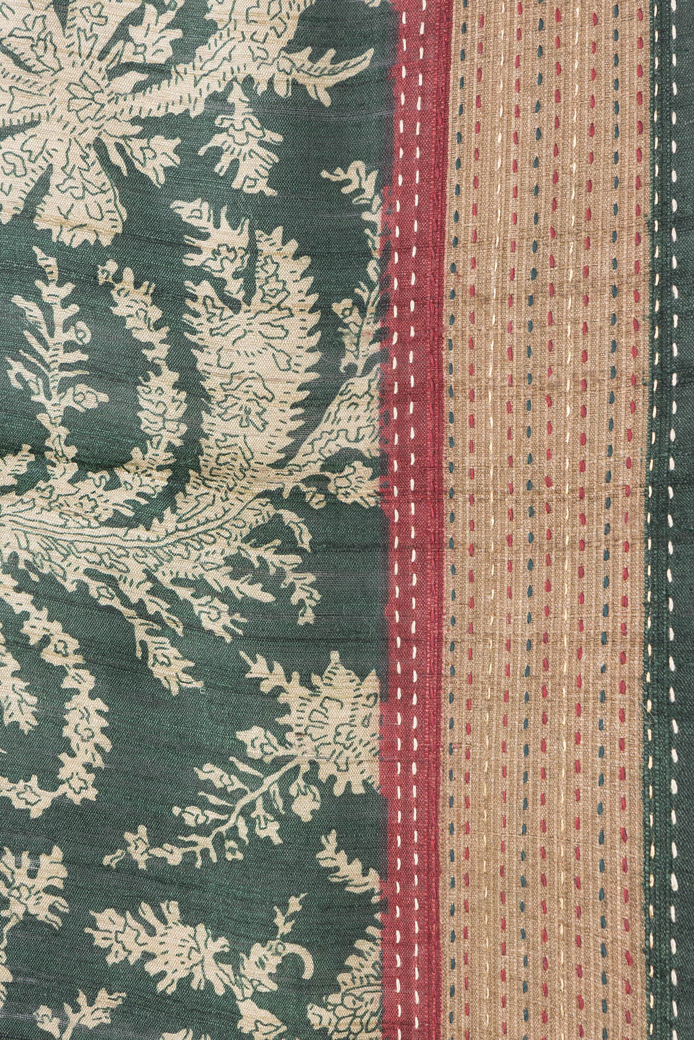 Border image of Bottle Green Dual Tone Tussar Silk Saree with Printed design on the body and Embroidery Border. 