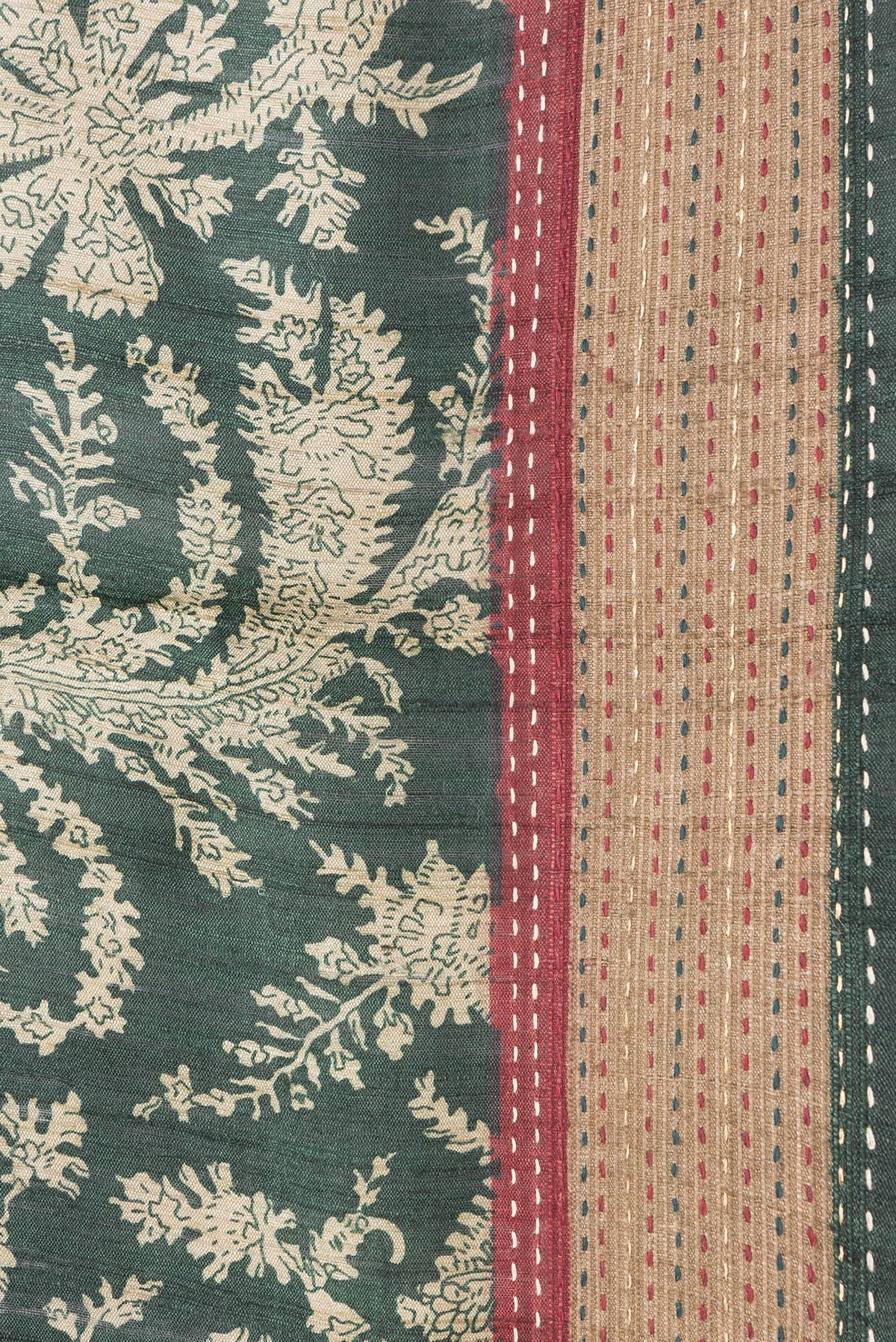 Border image of Bottle Green Dual Tone Tussar Silk Saree with Printed design on the body and Embroidery Border. 