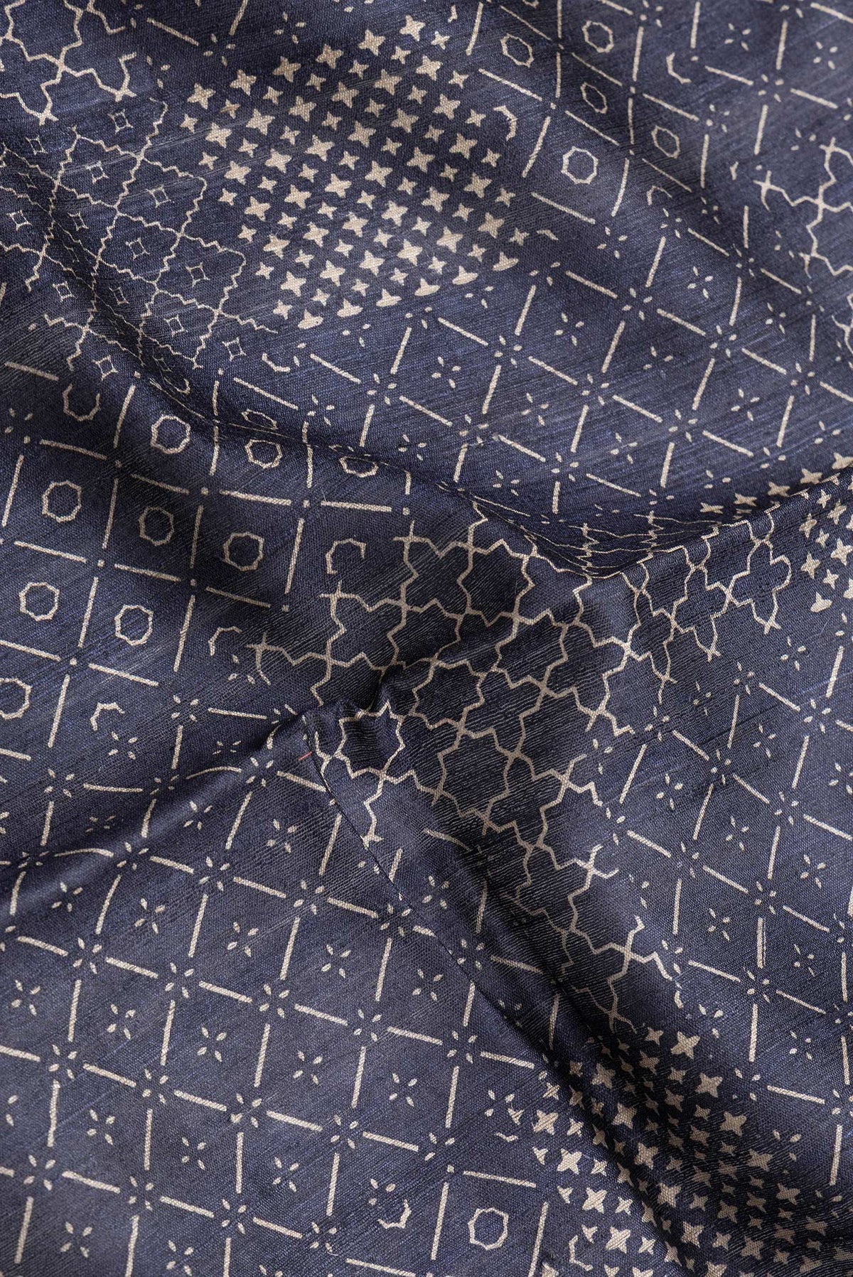 Close up of Navy Blue Dual Tone Tussar Silk Saree with Printed design on the body and Embroidery Border.  displaying folds