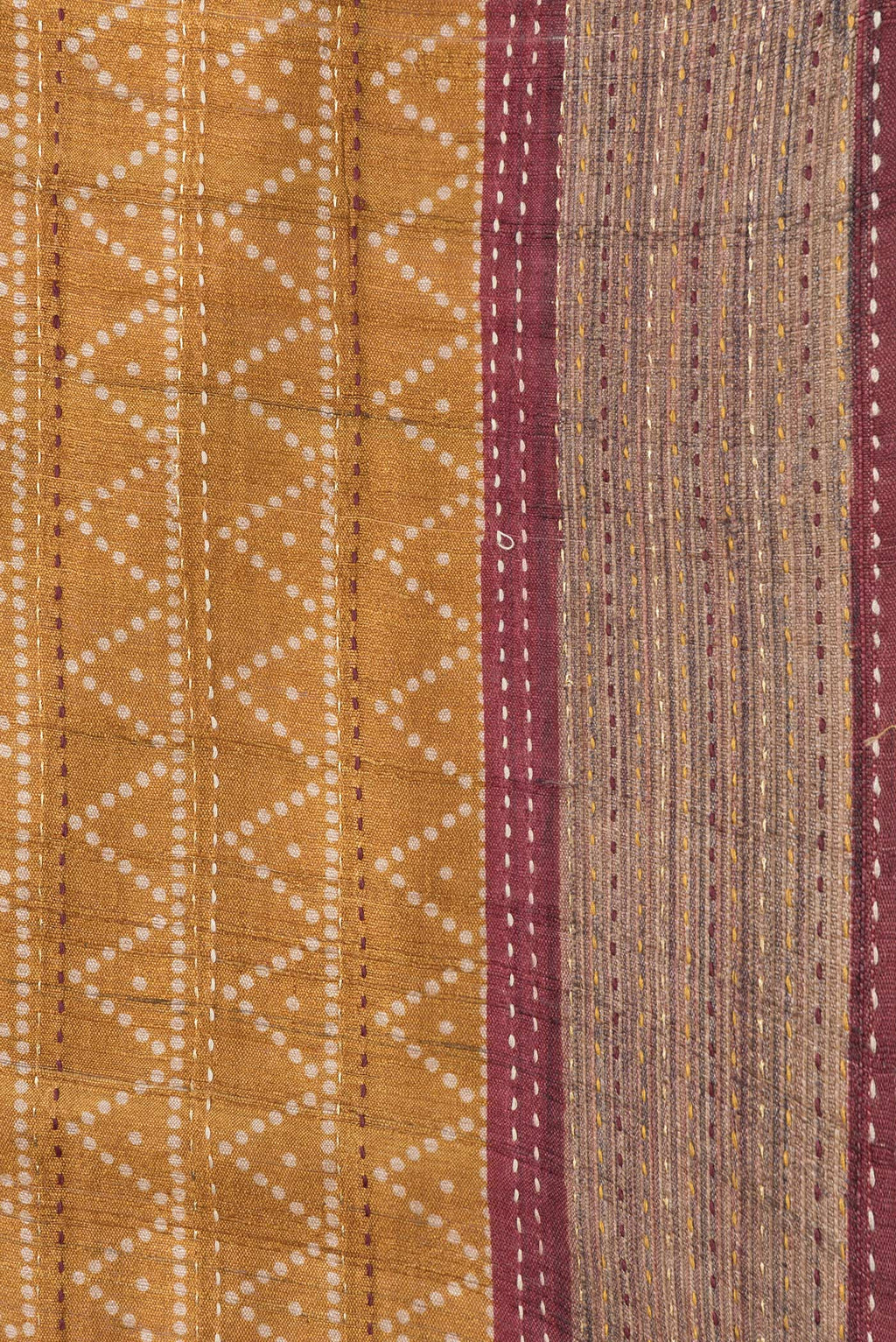 Border image of Mustard Dual Tone Tussar Silk Saree with Printed design on the body and Embroidery Border. 