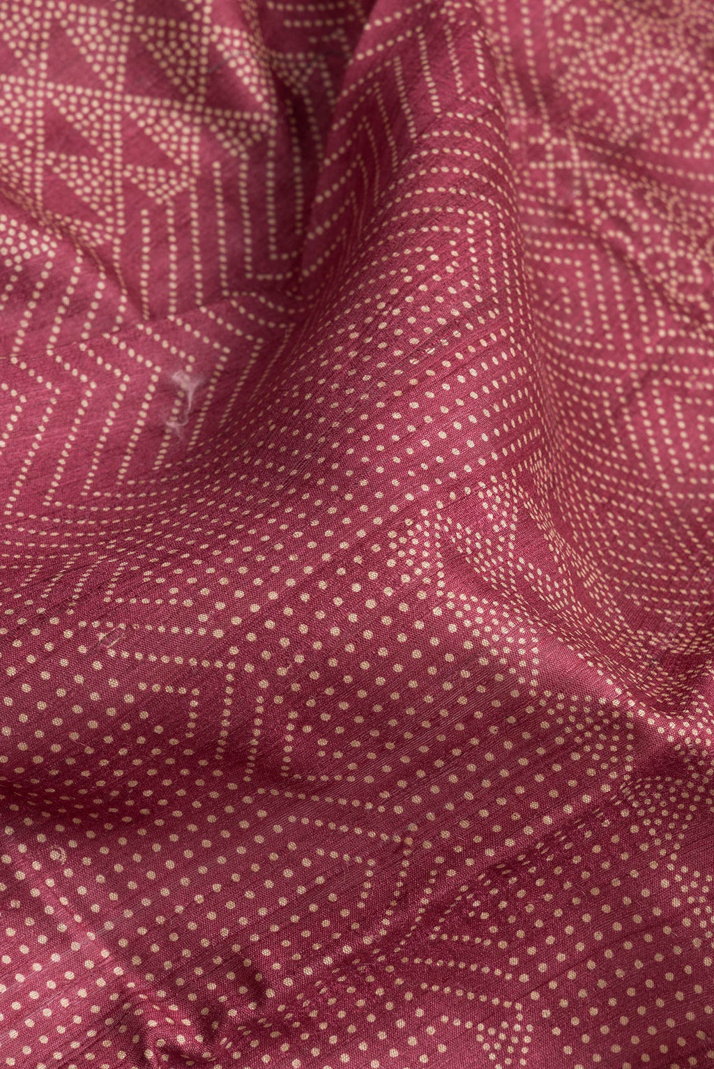 Close up of Maroon Dual Tone Tussar Silk Saree with Printed design on the body and Zari And Thread Border.  displaying folds