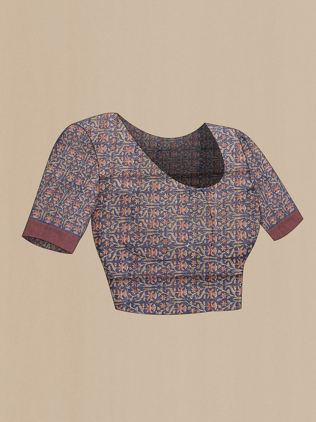 Close up image of the blouse of Maroon Dual Tone Tussar Silk Saree with Checked design on the body and Printed Border. 