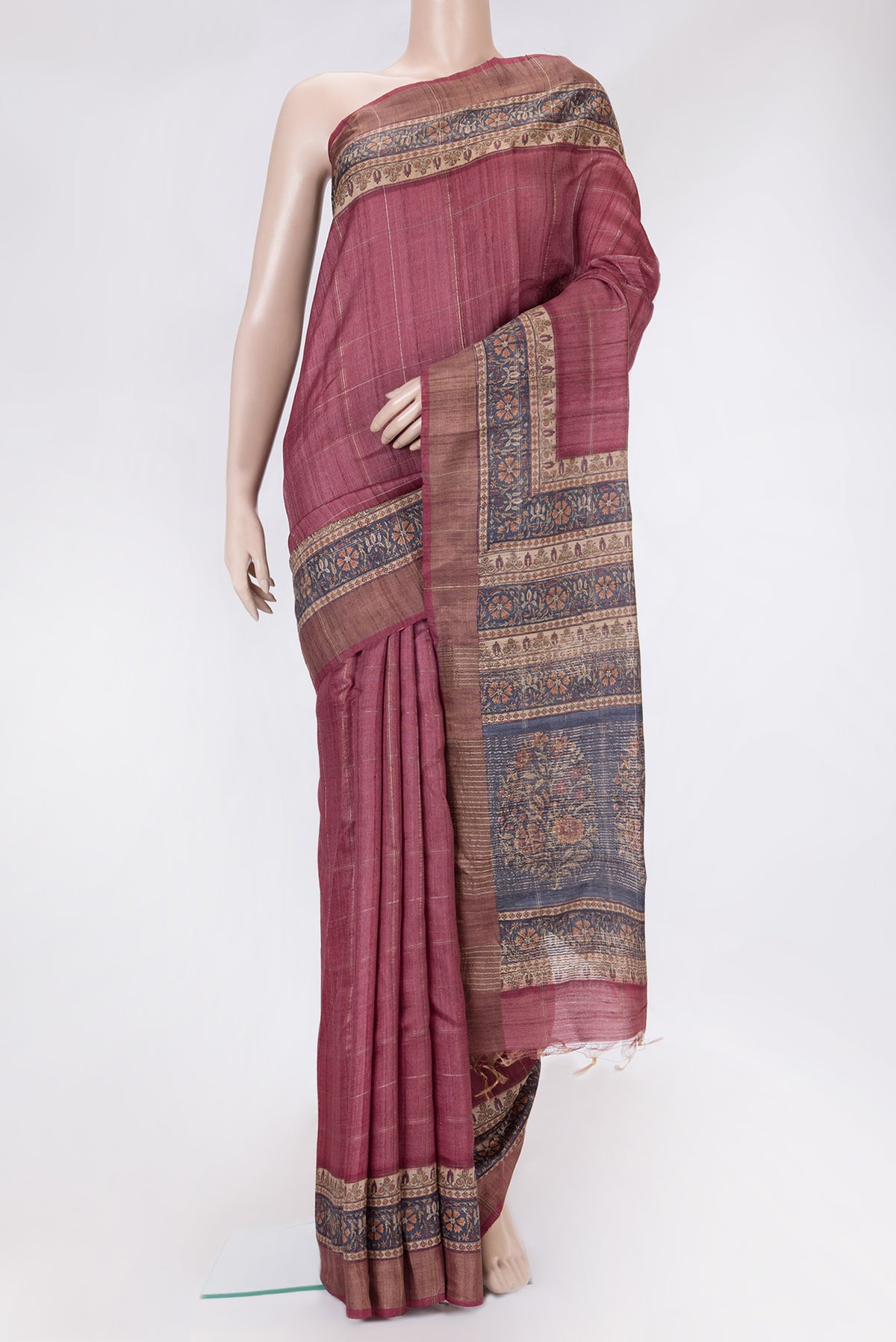 Maroon Dual Tone Tussar Silk Saree with Checked design on the body and Printed Border.  displayed on a mannequin