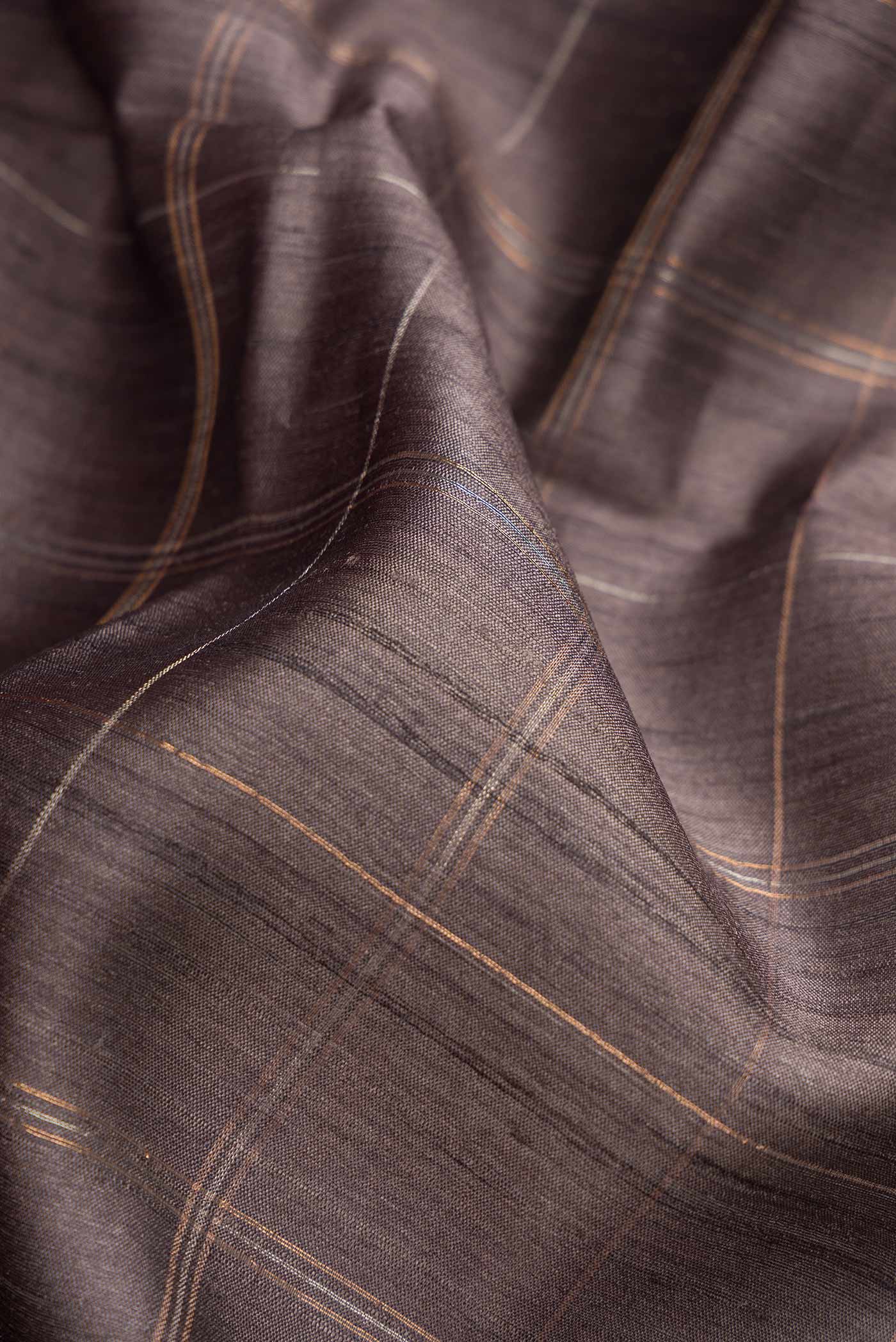 Close up of Grey Dual Tone Tussar Silk Saree with Checked design on the body and Fancy Border.  displaying folds